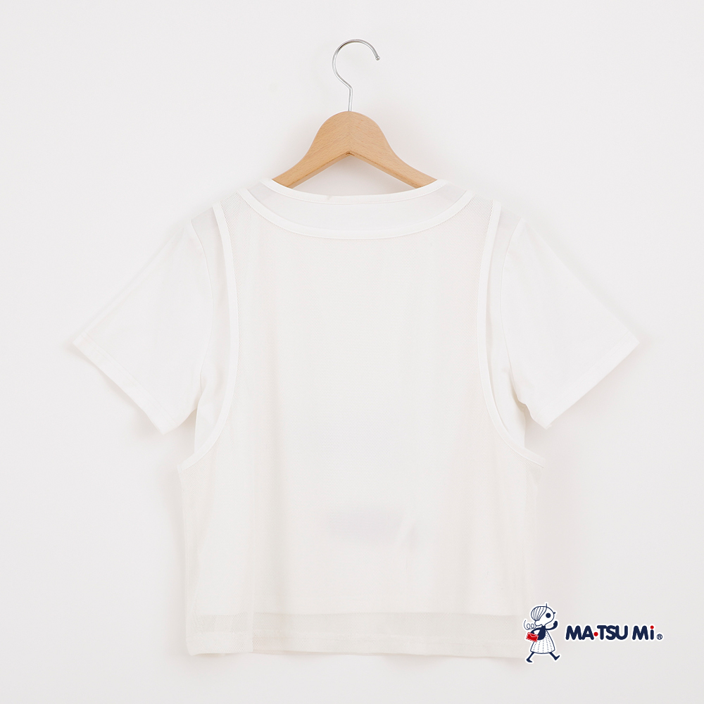 MA‧TSU Mi 假兩件簍空網格洞洞拼接英文字上衣(白)