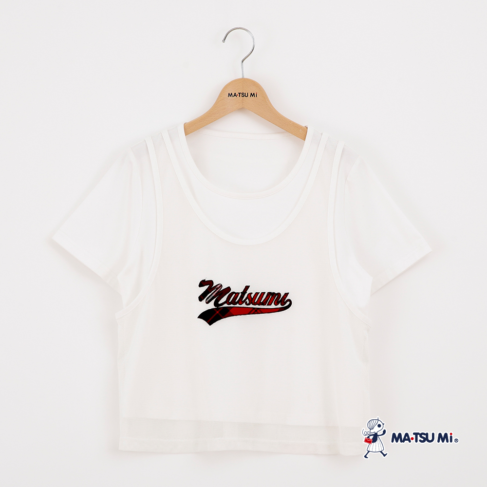 MA‧TSU Mi 假兩件簍空網格洞洞拼接英文字上衣(白)