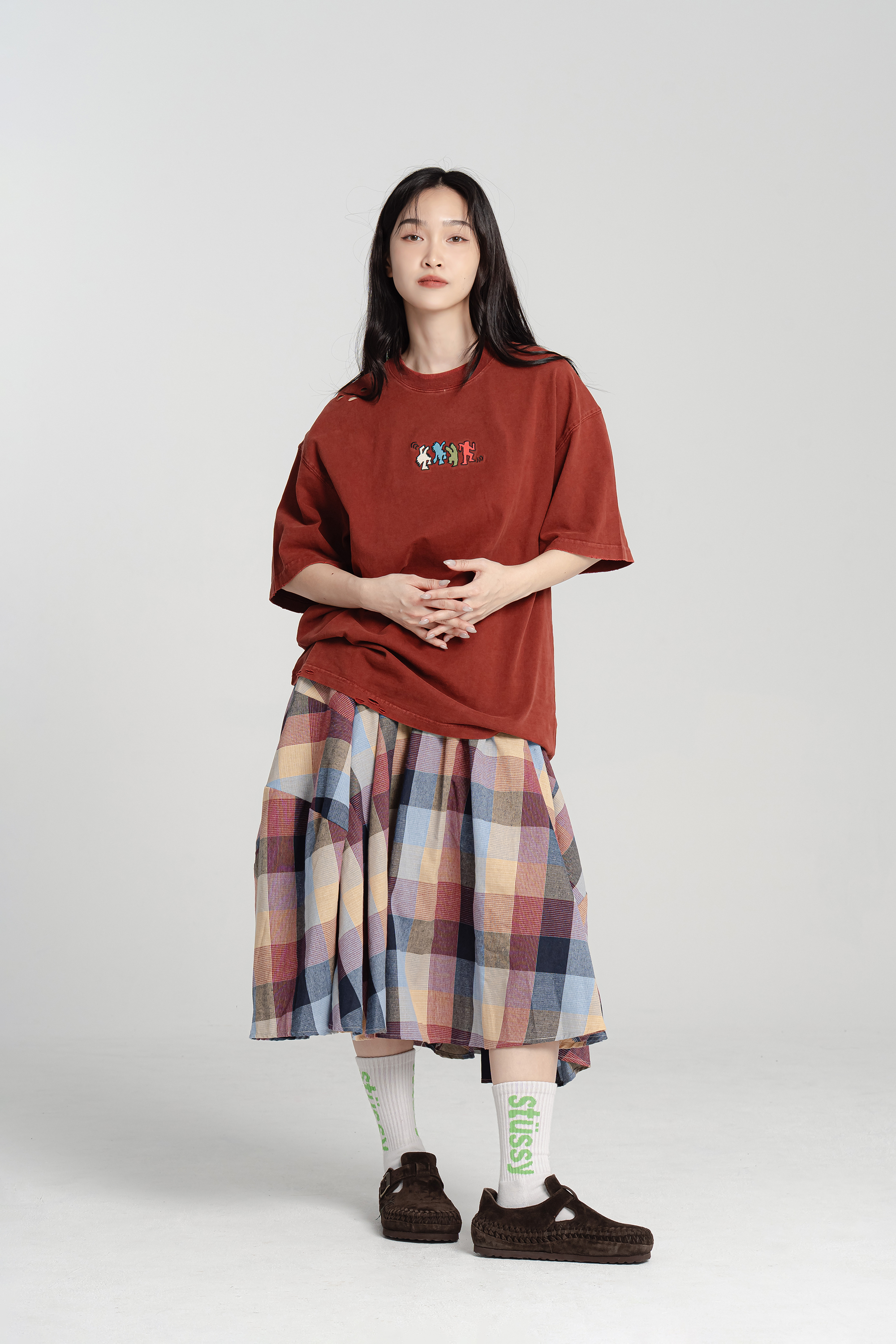 搖滾小人刺繡刷破短t 3色