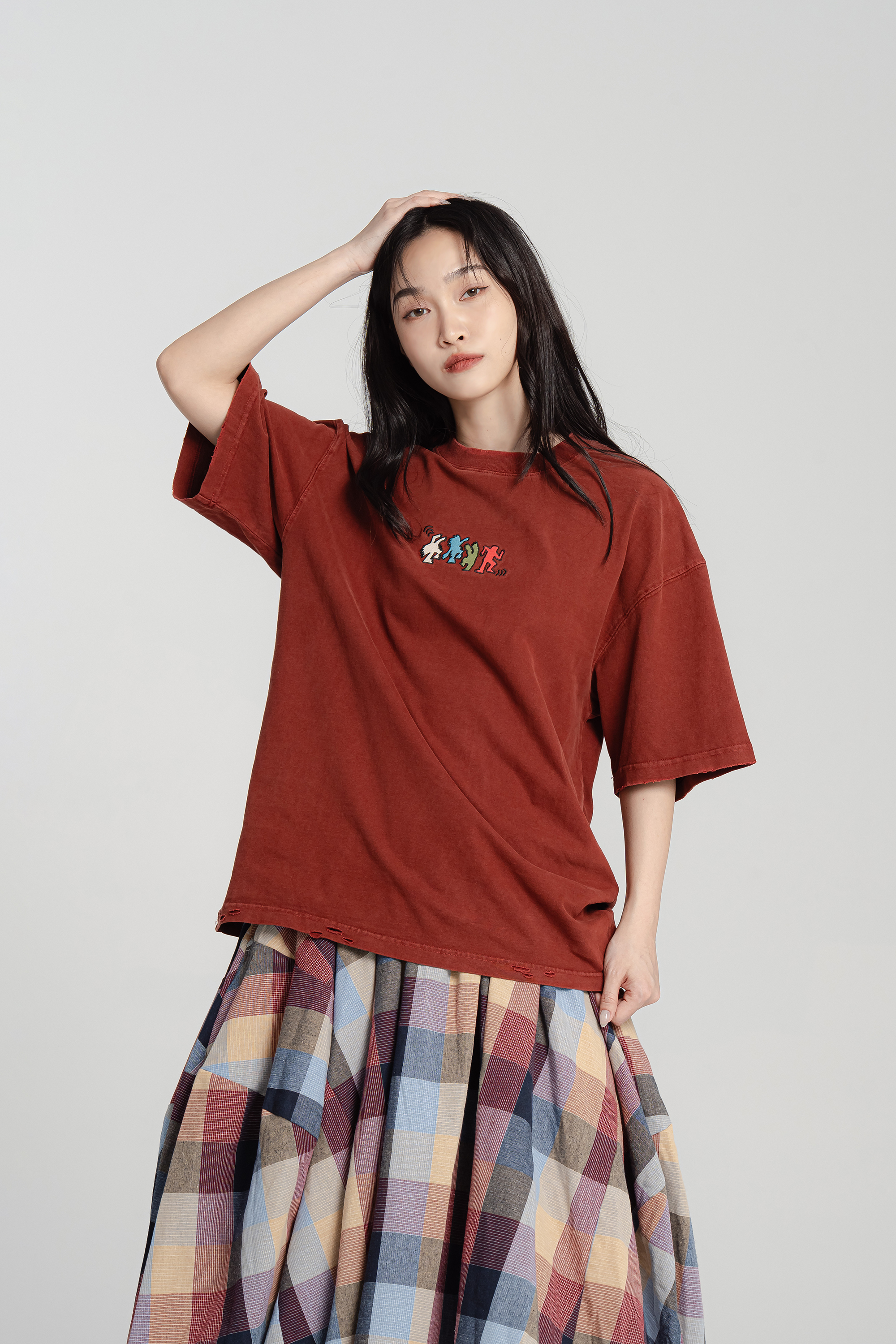 搖滾小人刺繡刷破短t 3色