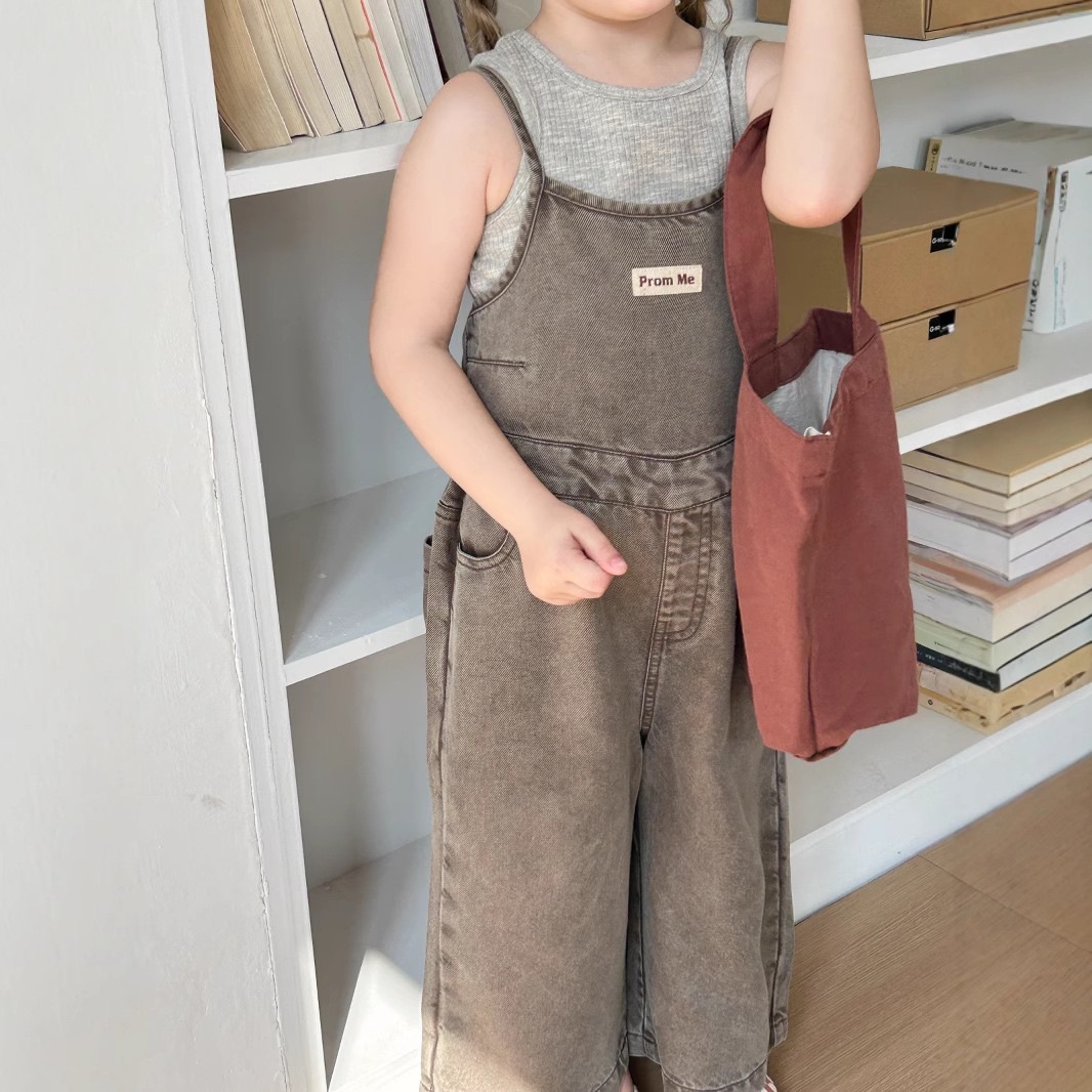 美式褐色吊帶褲/灰色內搭背心