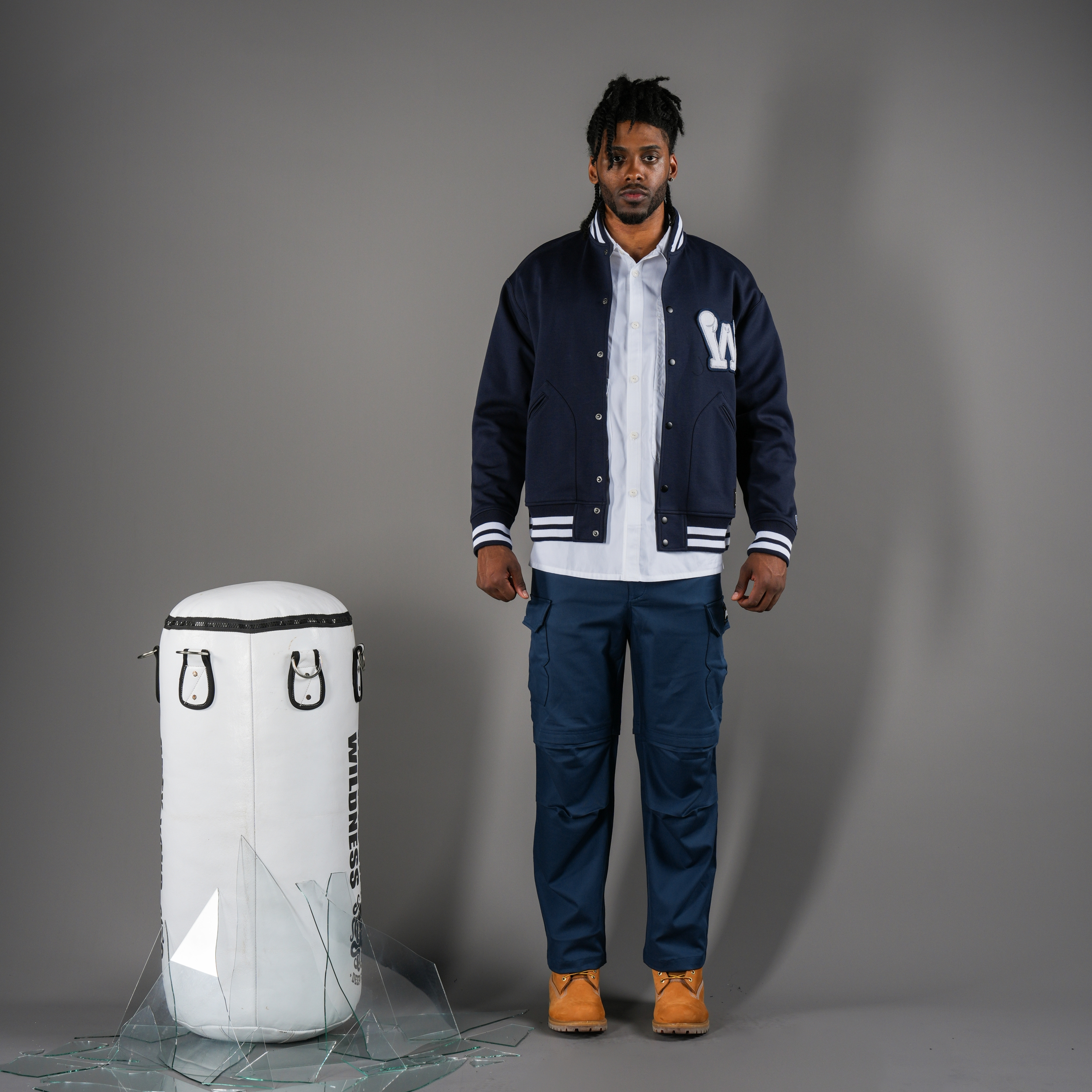 拳魂重磅拼接棒球外套-霧藍