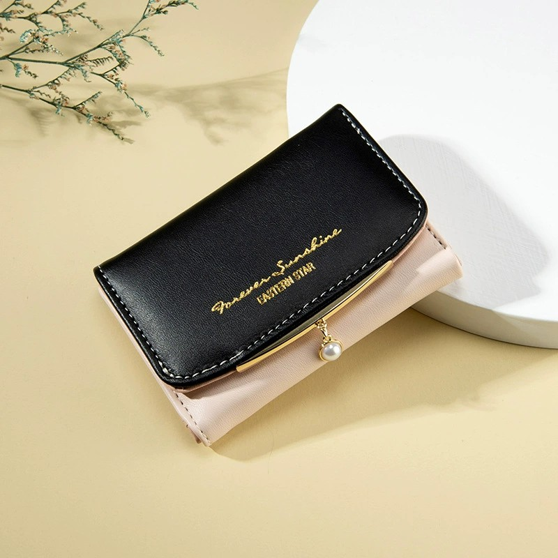 Korean Style Minimalist Short Wallet with Pearl Charm