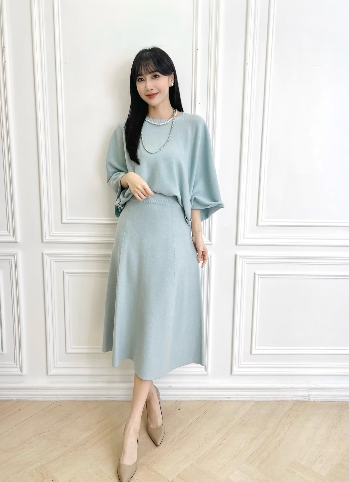 飛鼠袖下鈕釦上衣+傘裙套裝