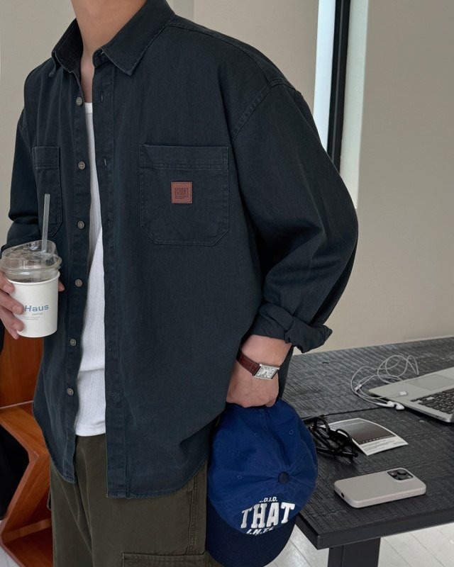 皮革補丁薄棉襯衫