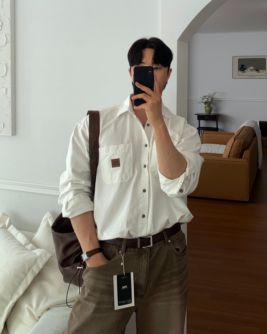 皮革補丁薄棉襯衫