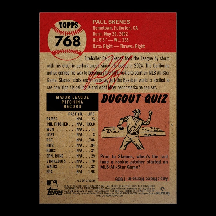 MLB球員卡 Topps MLB® Living Set® Card #768 - Paul Skenes - PR: 25,230