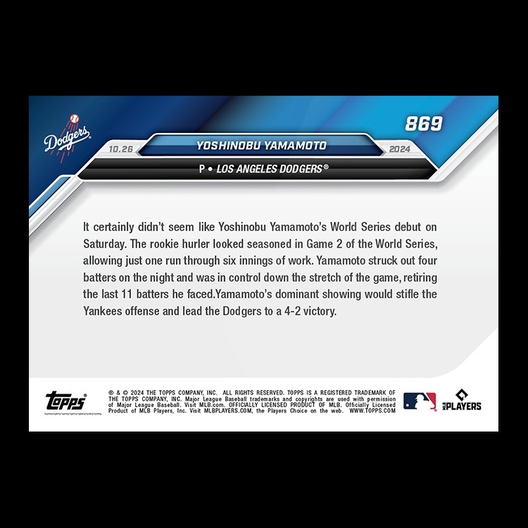 MLB球員卡 Yoshinobu Yamamoto - 2024 MLB TOPPS NOW® Card 869 - PR: 16,138