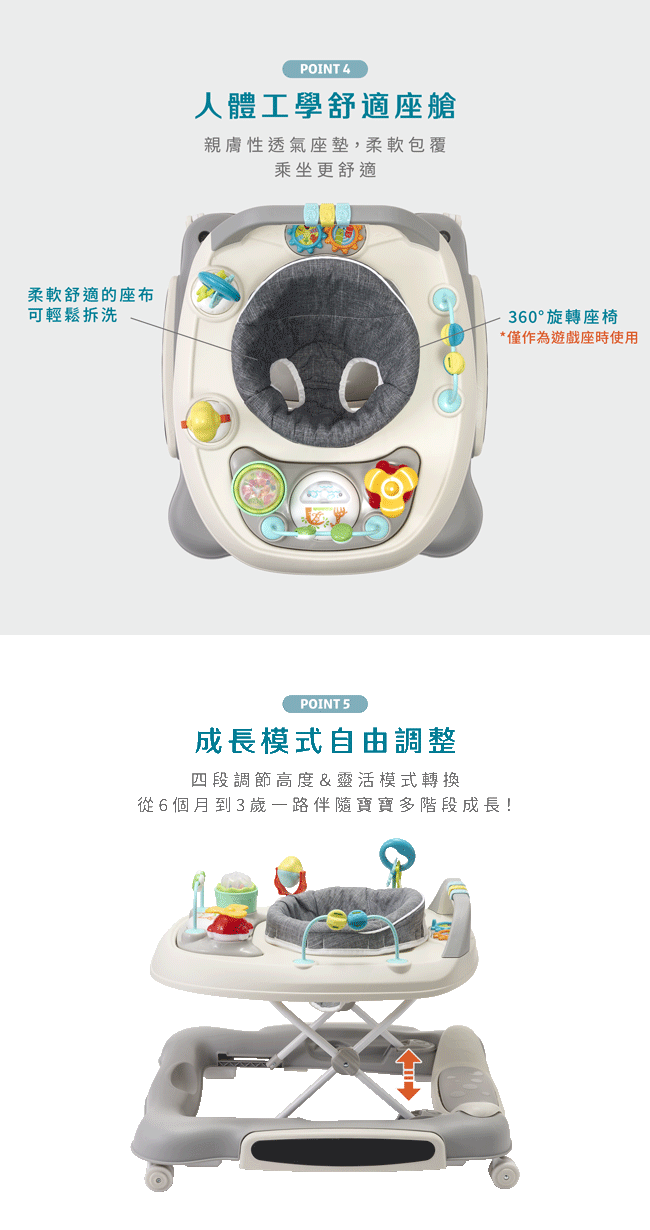 My First Ride 5 in 1 學步車/灰色 人體工學舒適空間