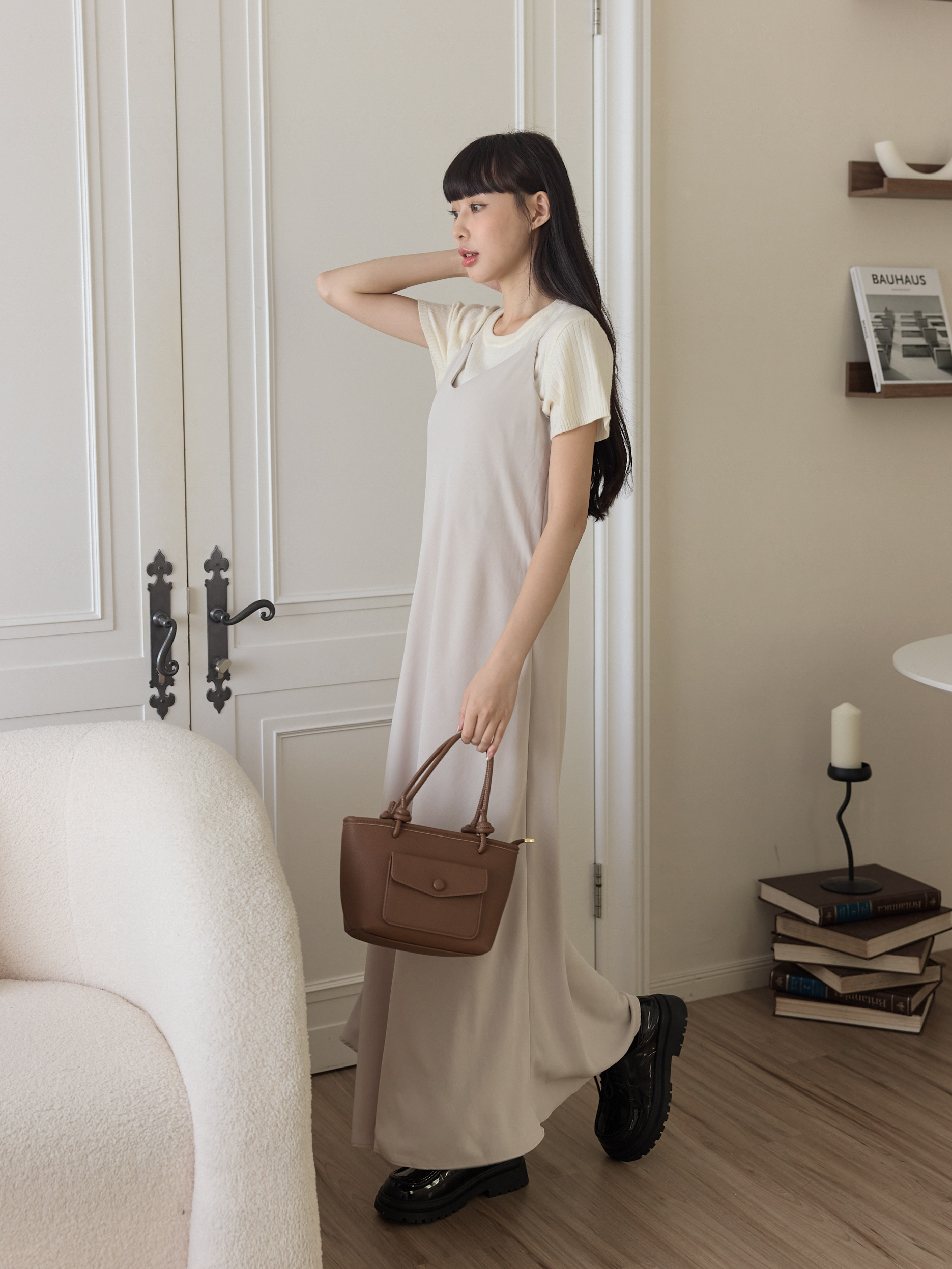 唯美光澤流線細肩長洋