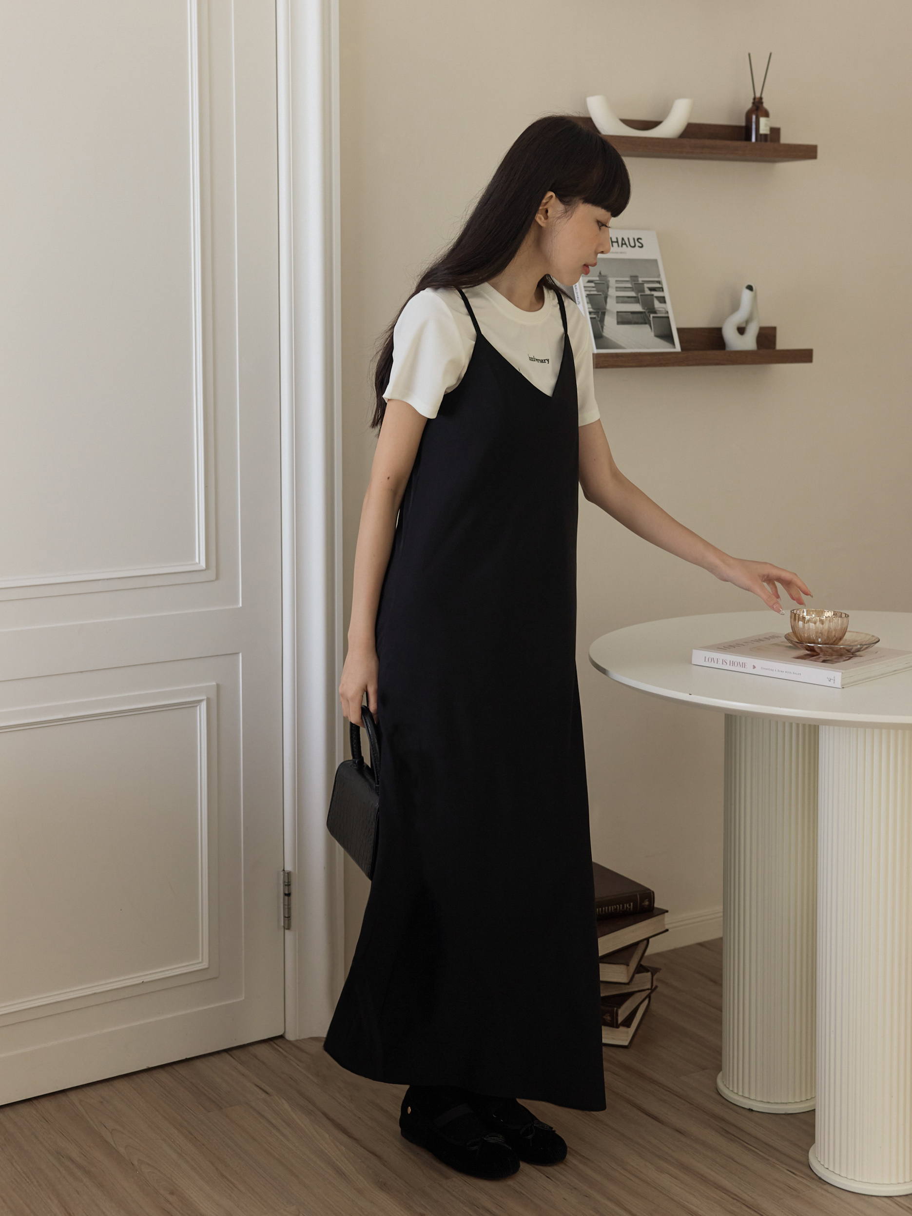 唯美光澤流線細肩長洋