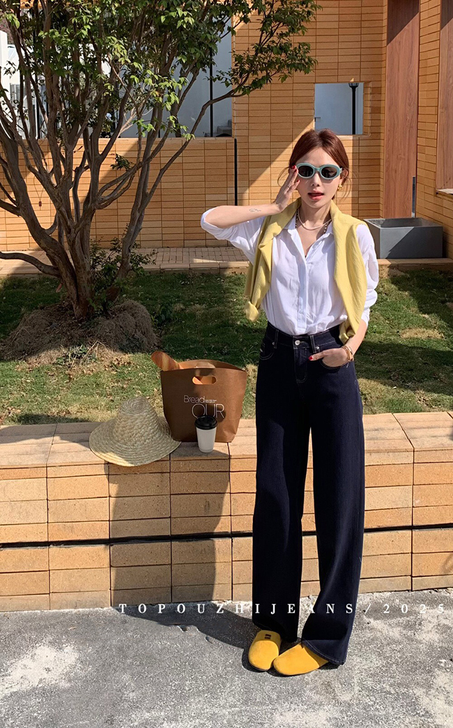 深藍微彈闊腿牛仔褲