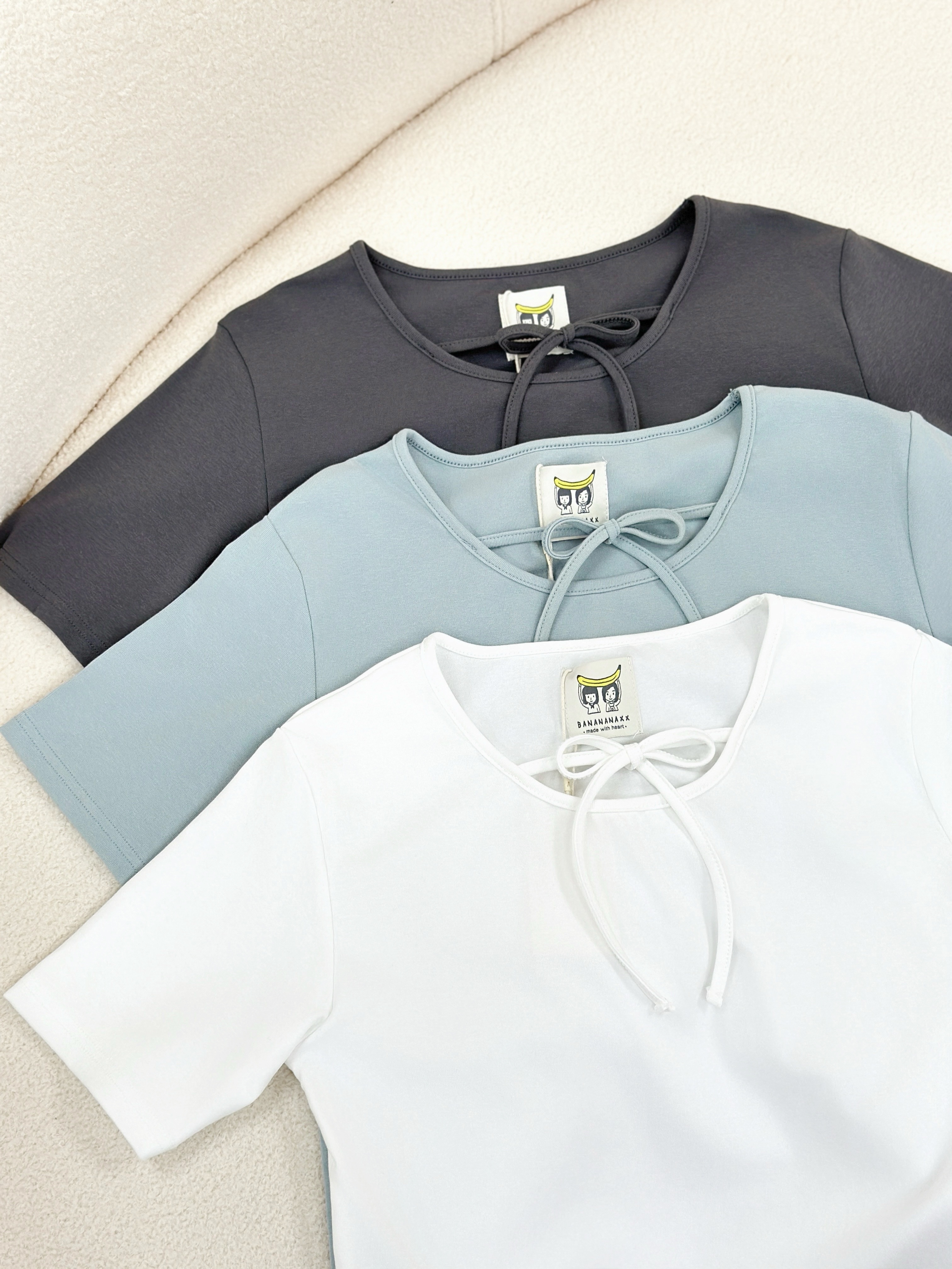 三色 / 純棉前蝴蝶結短袖上衣 / Front Tied Cotton Tee
