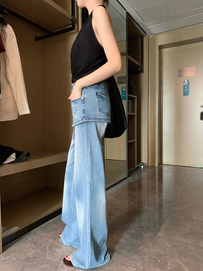 高腰假兩件闊腿褲-現貨