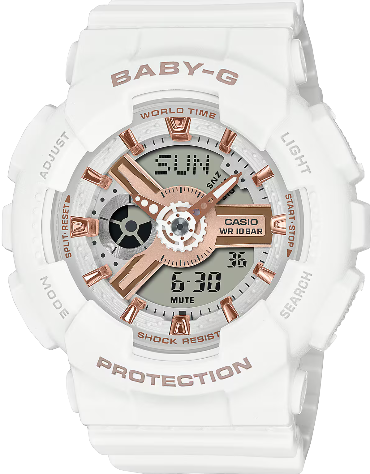 萬年鐘錶 - BABY-G  柔美玫瑰金設計休閒運動雙顯錶電子錶 BA-110XRG-7A  錶徑 : 43.4 MM