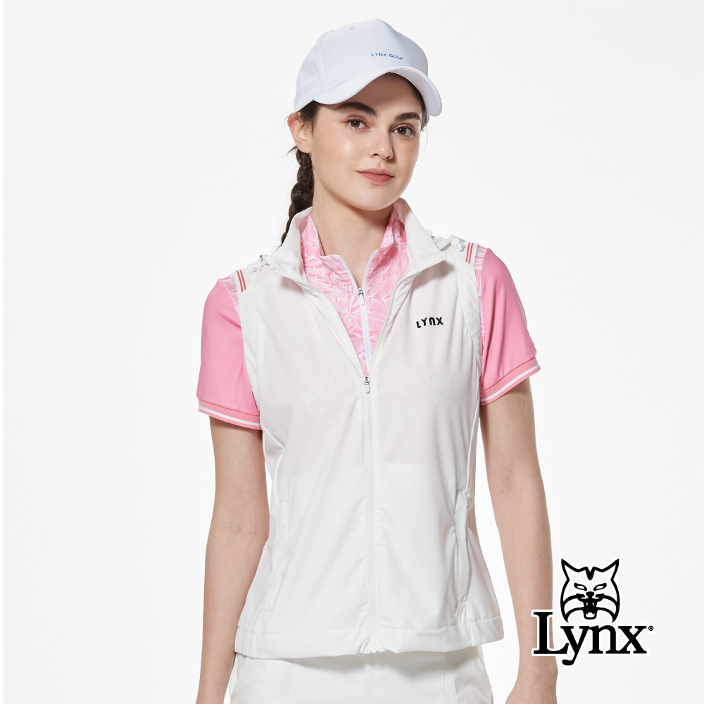 【Lynx Golf】抗UV彈性羅紋剪接拉鍊口袋可拆式連帽背心