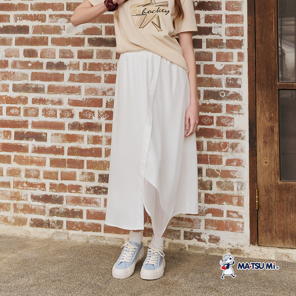 MA‧TSU Mi 飄逸感網格異材質拼接不對稱長裙(白.黑)