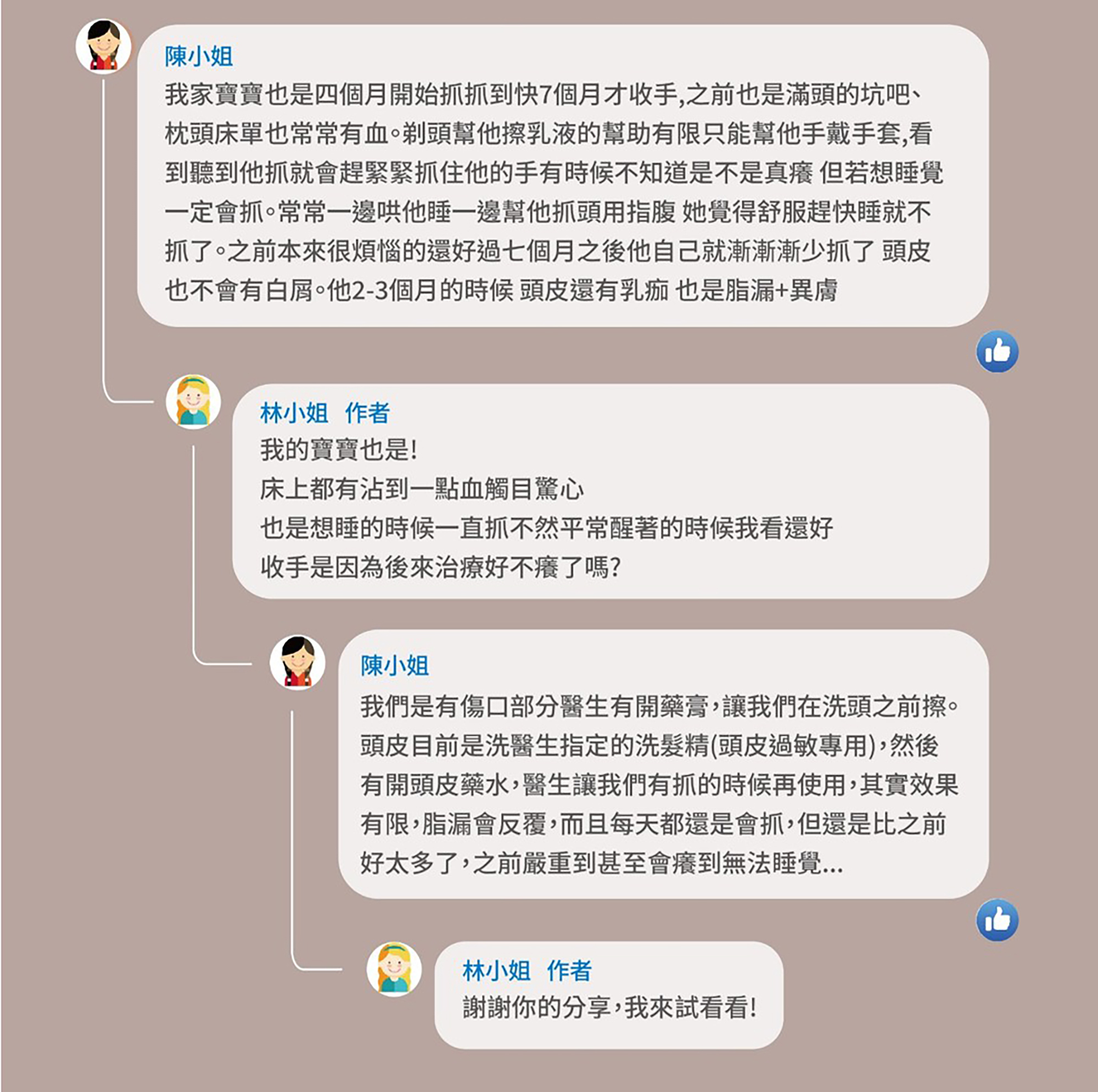 我家寶寶也是四個月開始抓 抓到快7個月才收手,之前也是滿頭的坑吧 枕頭床單也常常有血。剃頭幫他擦乳液的幫助有限 只能幫他手戴手套,看到聽到他抓 就會趕緊抓住他的手 有時候不知道是不是真癢 但若想睡覺一定會抓。常常一邊哄他睡 一邊幫他,要洗專用的脂漏洗髮精
