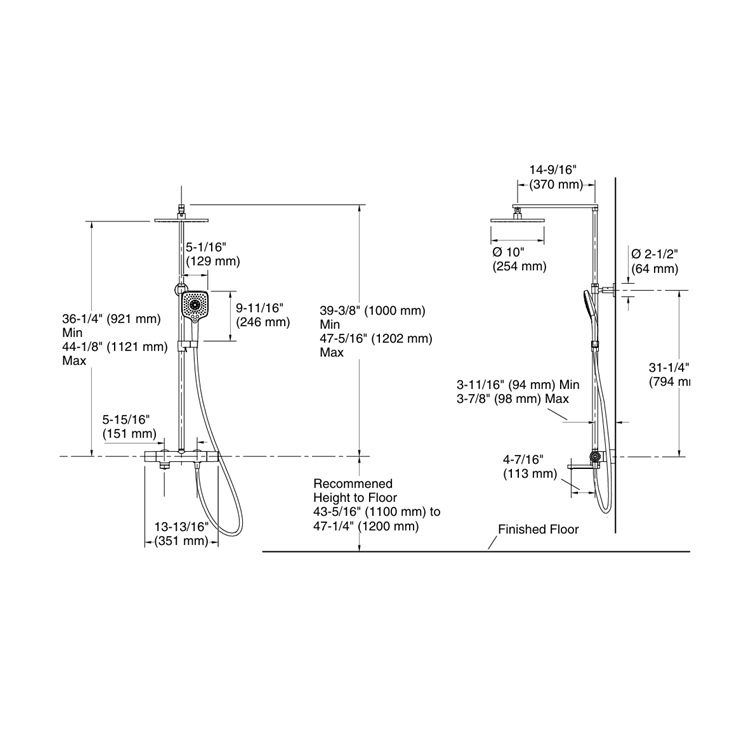 Kohler "Composed" K-73111T-7-RGD Thermostatic bath and shower column, with bath filler