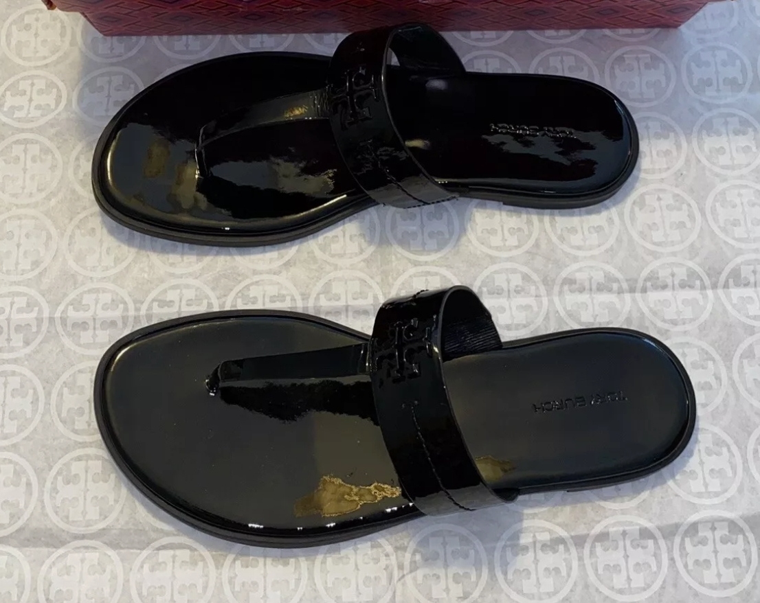[S] TORY BURCH MINI EVERLY FLAT SANDAL SOFT PATENT CHROME FREE PATENT,PERFECT BLACK/PERFECT BLACK, 145433-004 [FINAL SALE] (STB670)