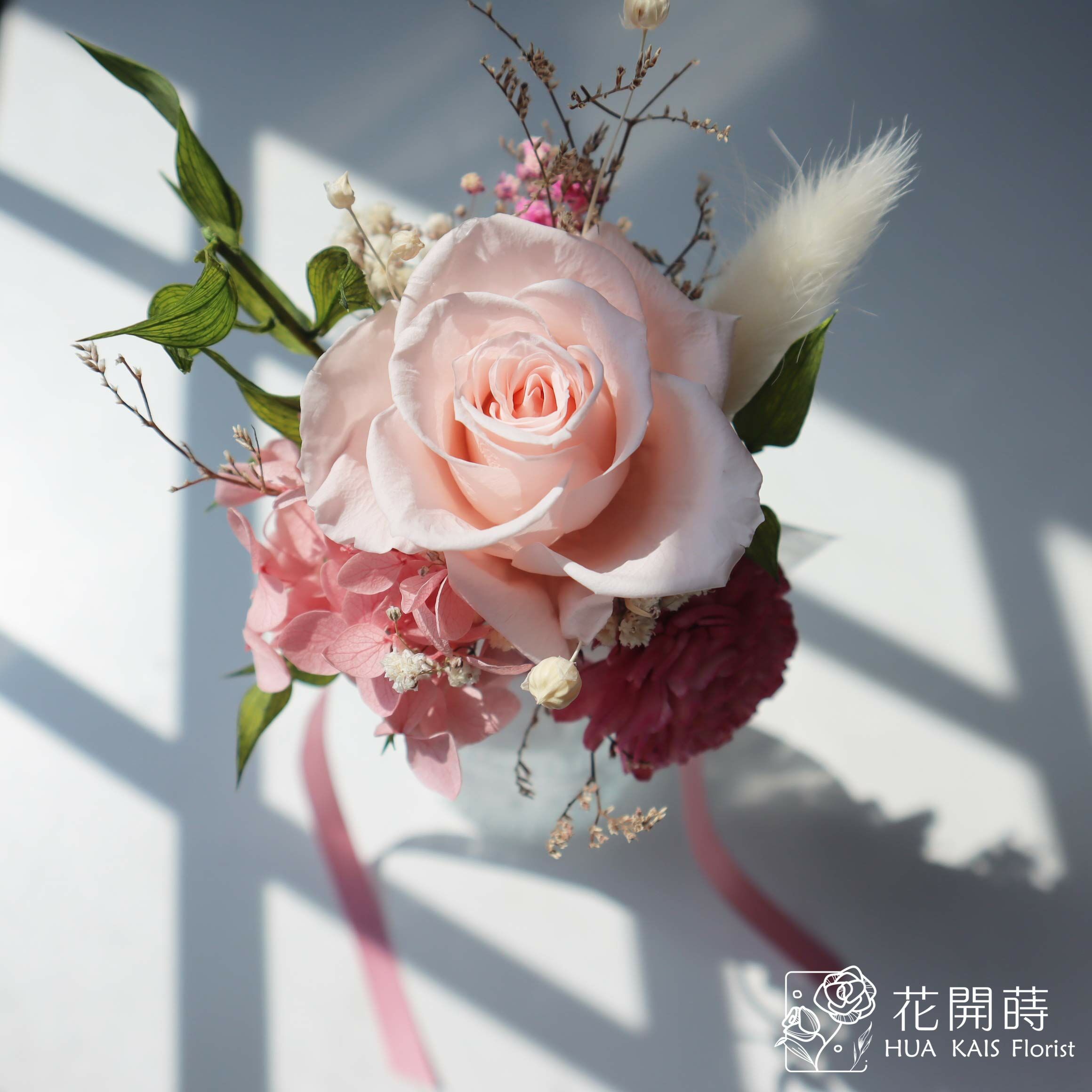 玻璃花|溫柔粉花瓶花束|永生玫瑰花|辦公室小桌花|永生花禮物