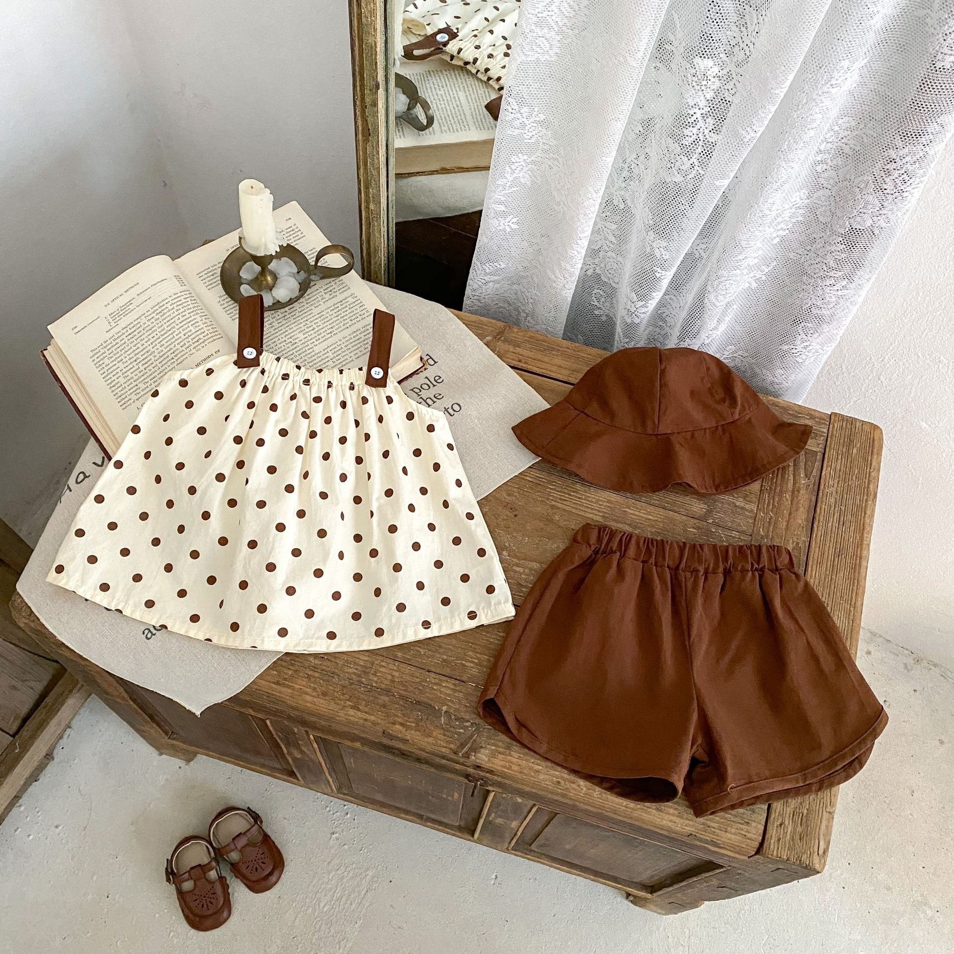 夏季純棉圓點吊帶套裝(含帽）