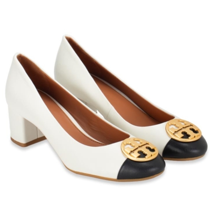 [S] TORY BURCH CHELSEA 50MM CAP TOE PUMP CLASSIC SHEEP NAPPA,NEW IVORY/PERFECT BLACK, 146762-100 [FINAL SALE] (STB676)