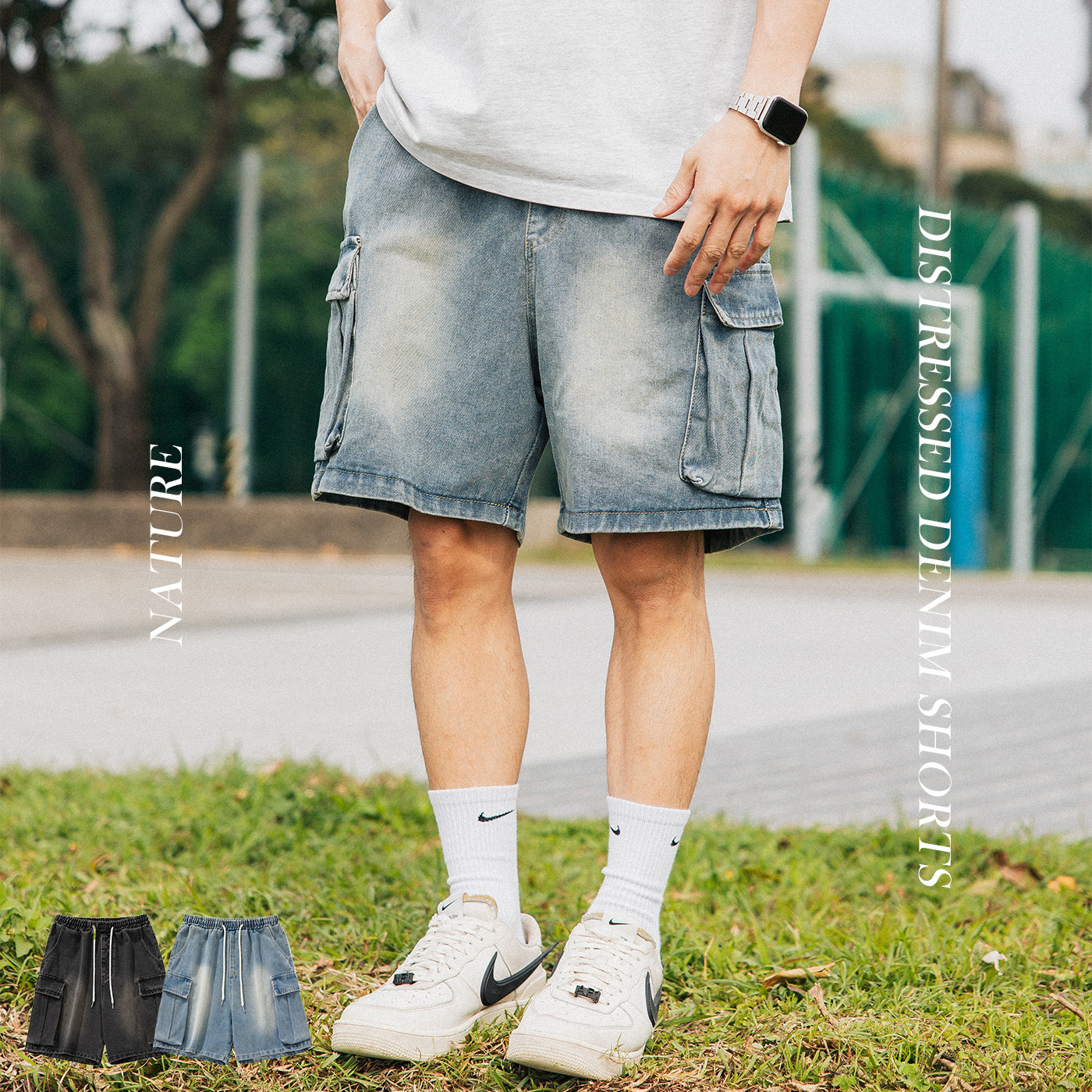 NATURE 做舊牛仔水洗短褲