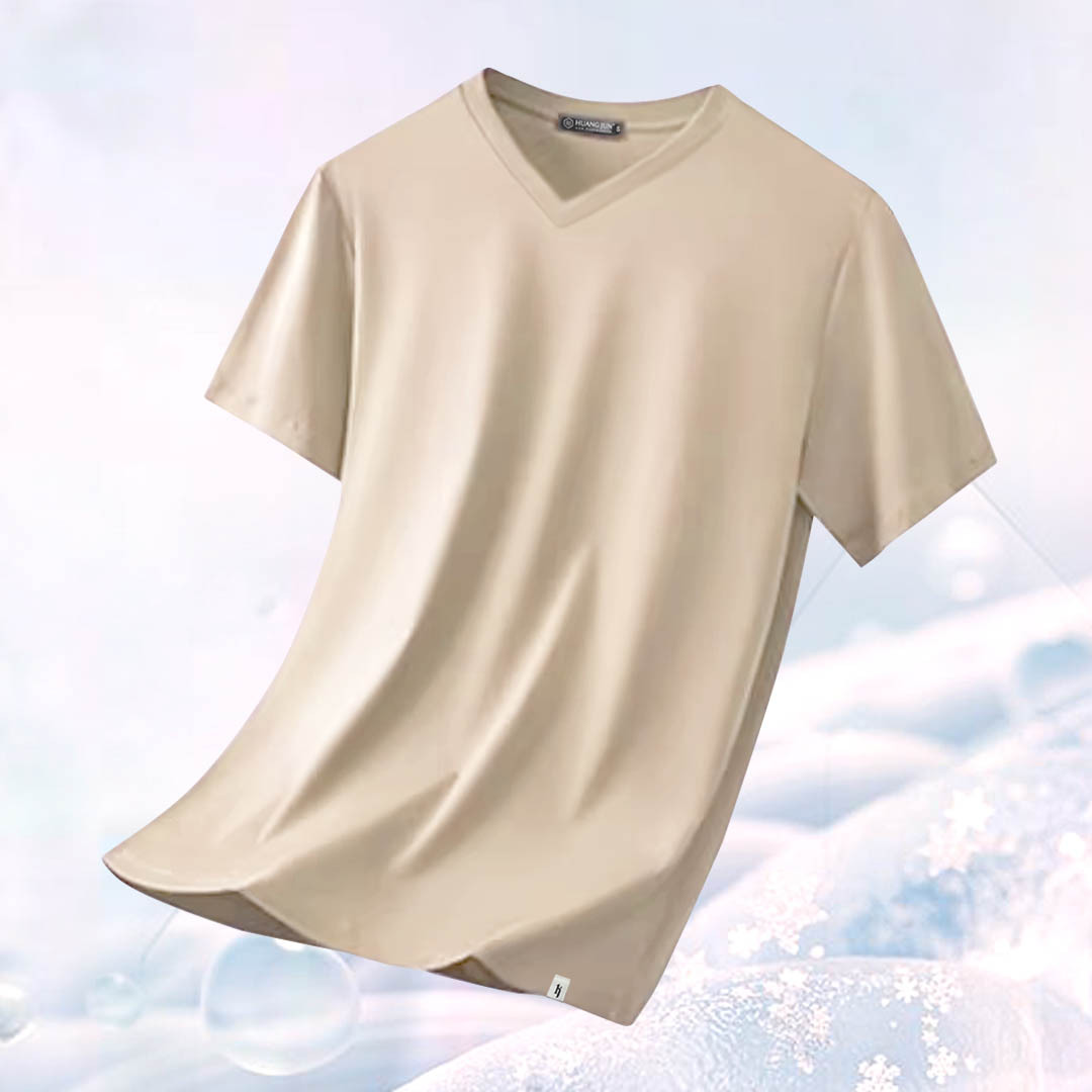 Sorona冰感認證-V領透沁涼感素Ｔ-杏色