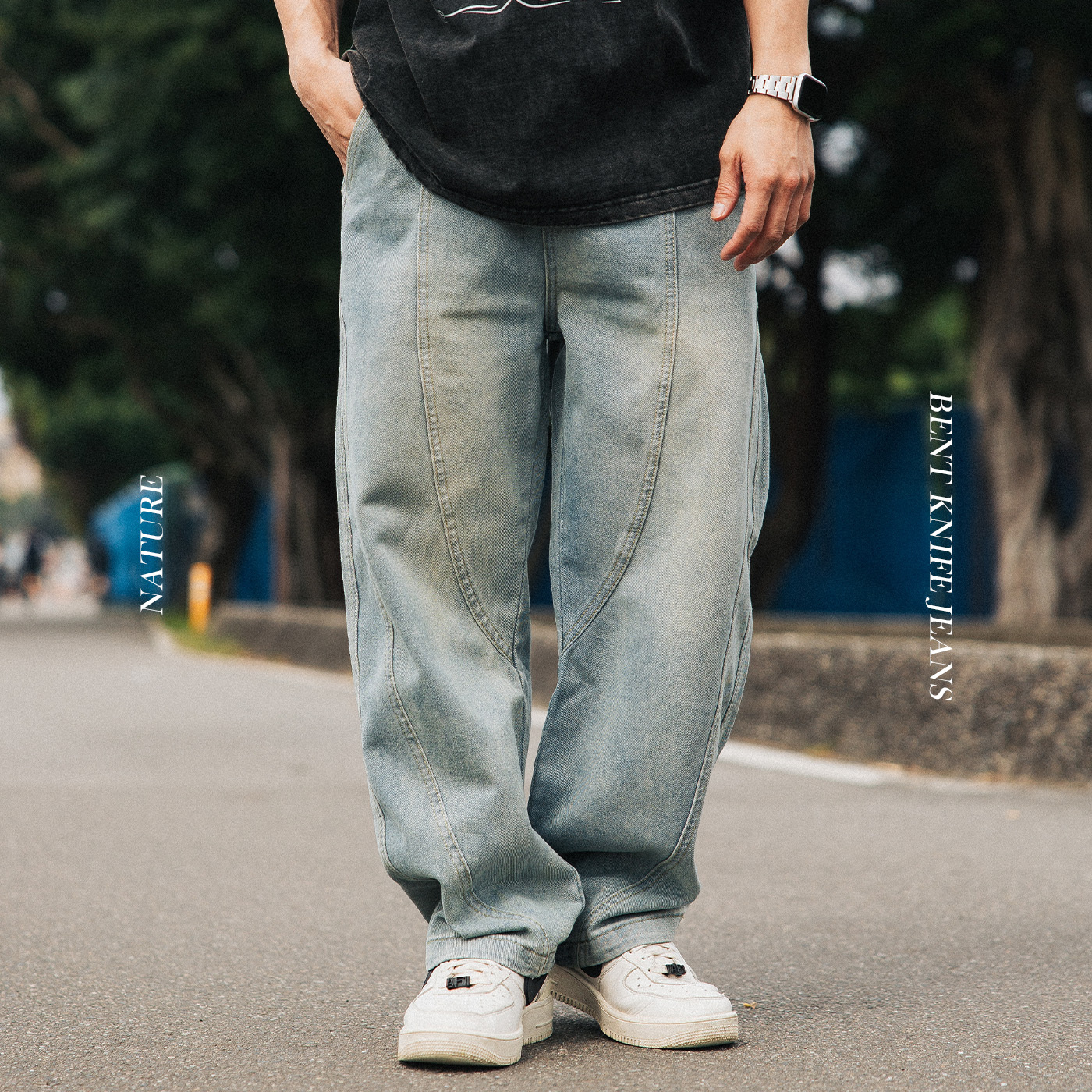 NATURE 彎刀褲 日系闊腿彎刀牛仔褲
