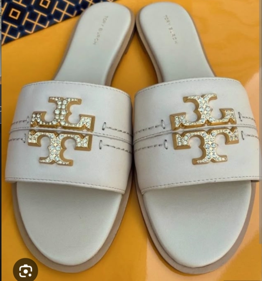 [S] TORY BURCH EVERLY SLIDE STETSON SOFT CALF VACHETTA SMOOTH,DULCE DE LECHE/CRYSTAL/GOLD, 158159-701 [FINAL SALE] (STB662)