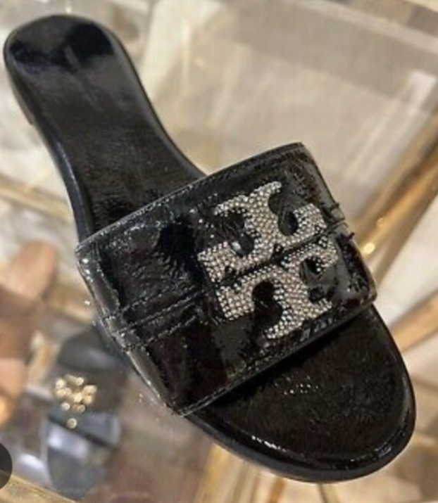 [S] TORY BURCH EVERLY SLIDE PATENT LEATHER,PERFECT BLACK/CRYSTAL/PEWTER, 158004-007 [FINAL SALE] (STB701)