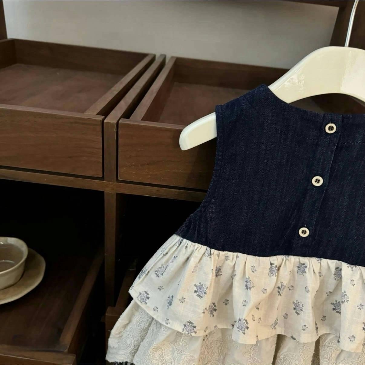 森系碎花格子拼接蛋糕裙