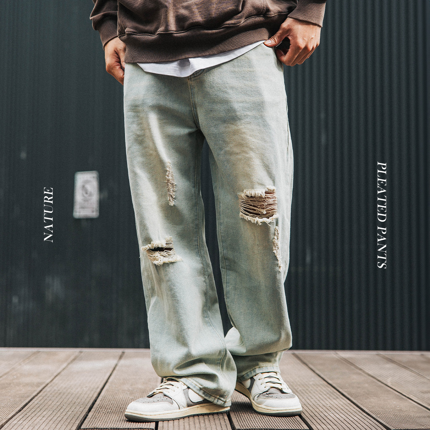 NATURE 牛仔寬直筒褲 破壞 刷破