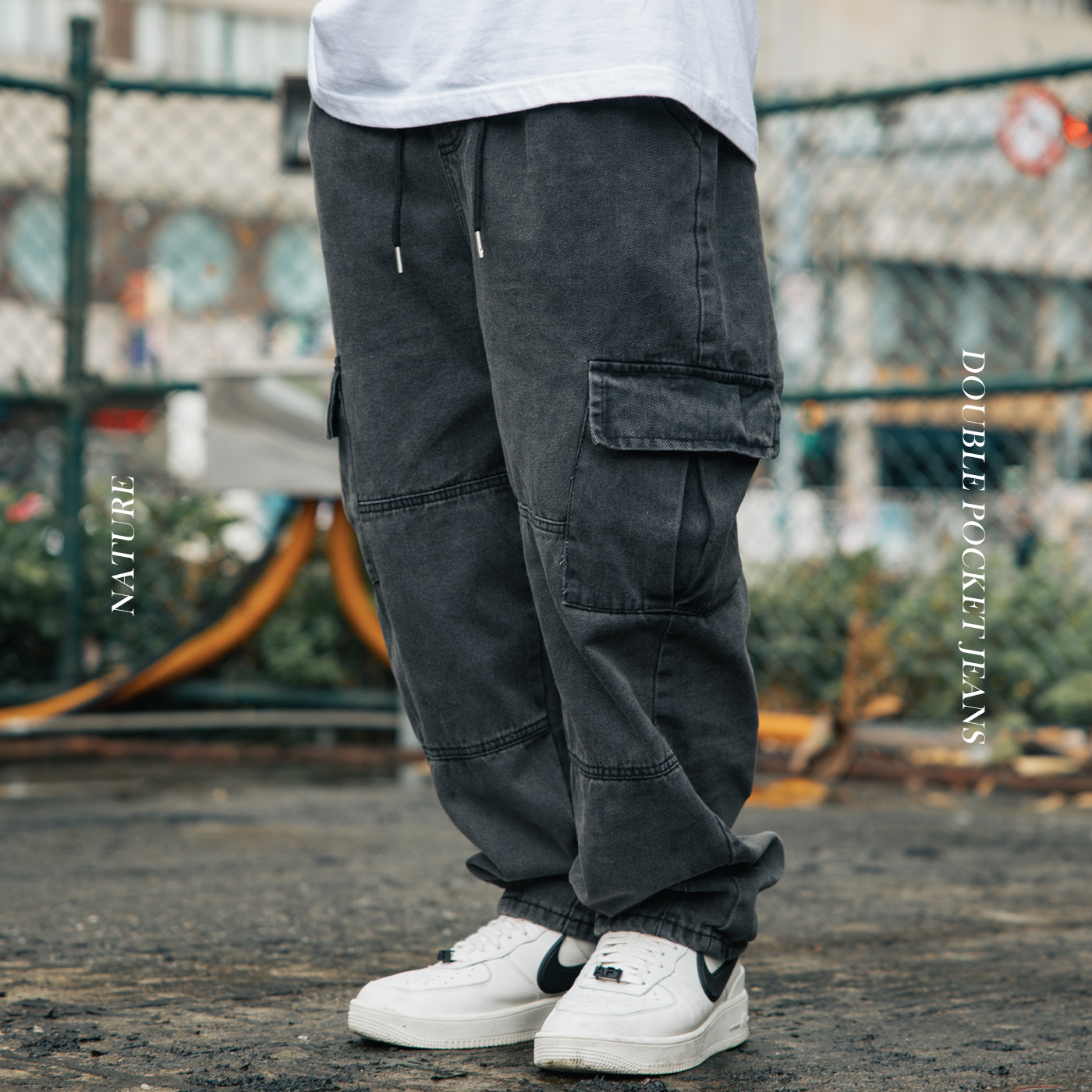 NATURE 雙立體口袋 牛仔褲 復古 洗水 拼接 直筒