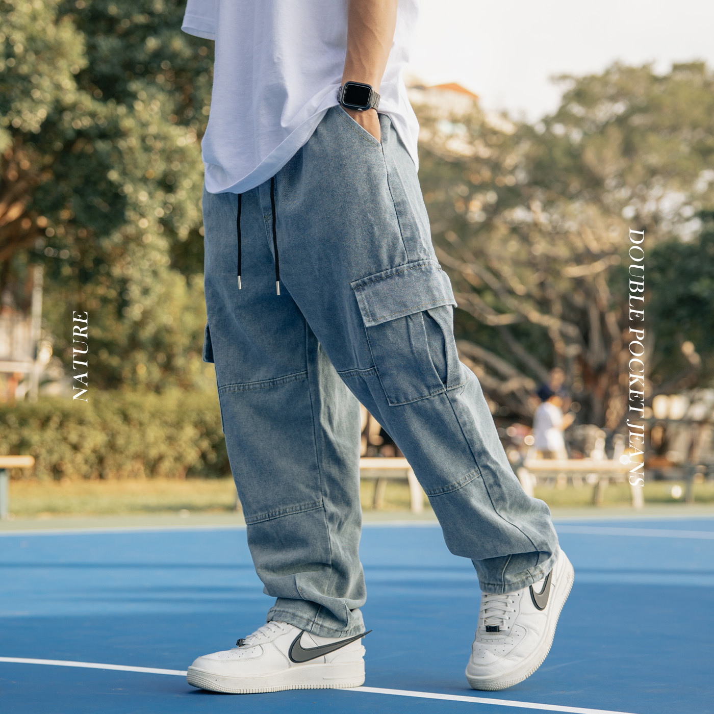 NATURE 雙立體口袋 牛仔褲 復古 洗水 拼接 直筒