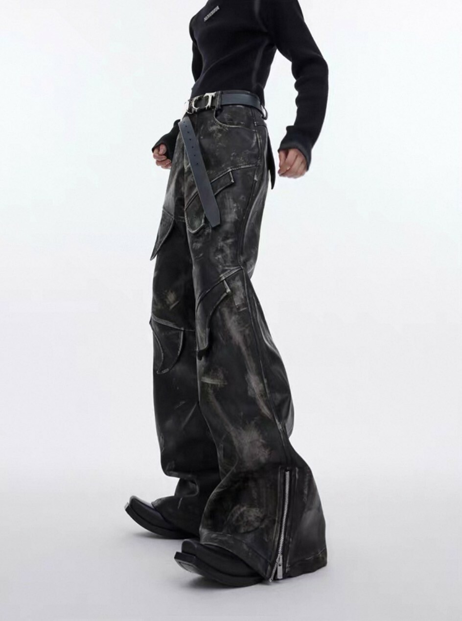 ARGUE 分割 復古 做舊 擦皮 微喇叭 長褲 #皮褲