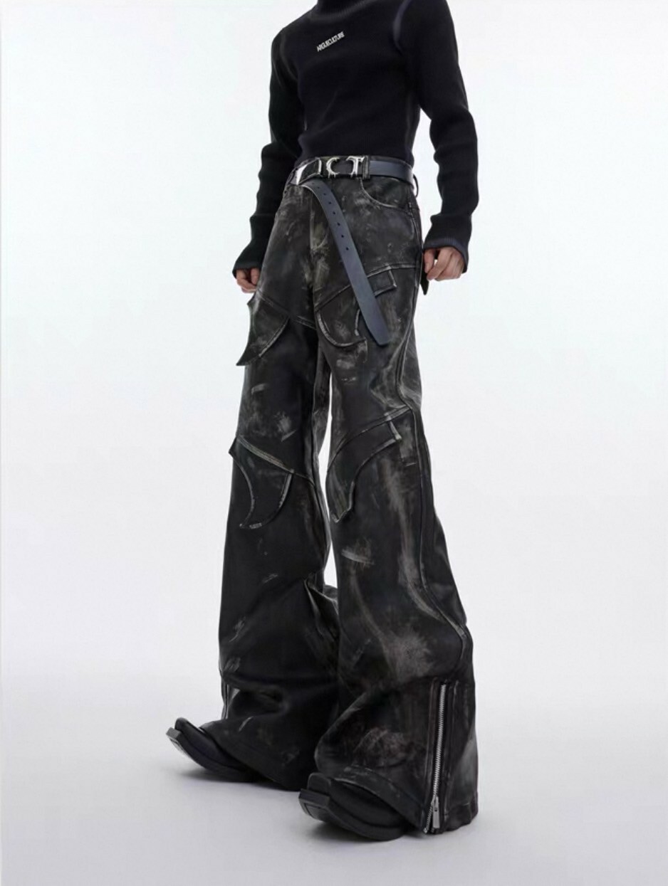 ARGUE 分割 復古 做舊 擦皮 微喇叭 長褲 #皮褲