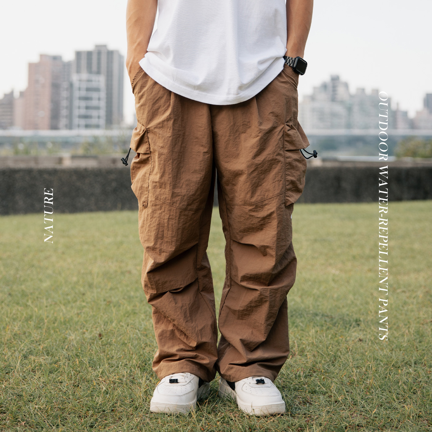 NATURE 雙褶大口袋 日系寬鬆 防潑水 休閒工裝褲