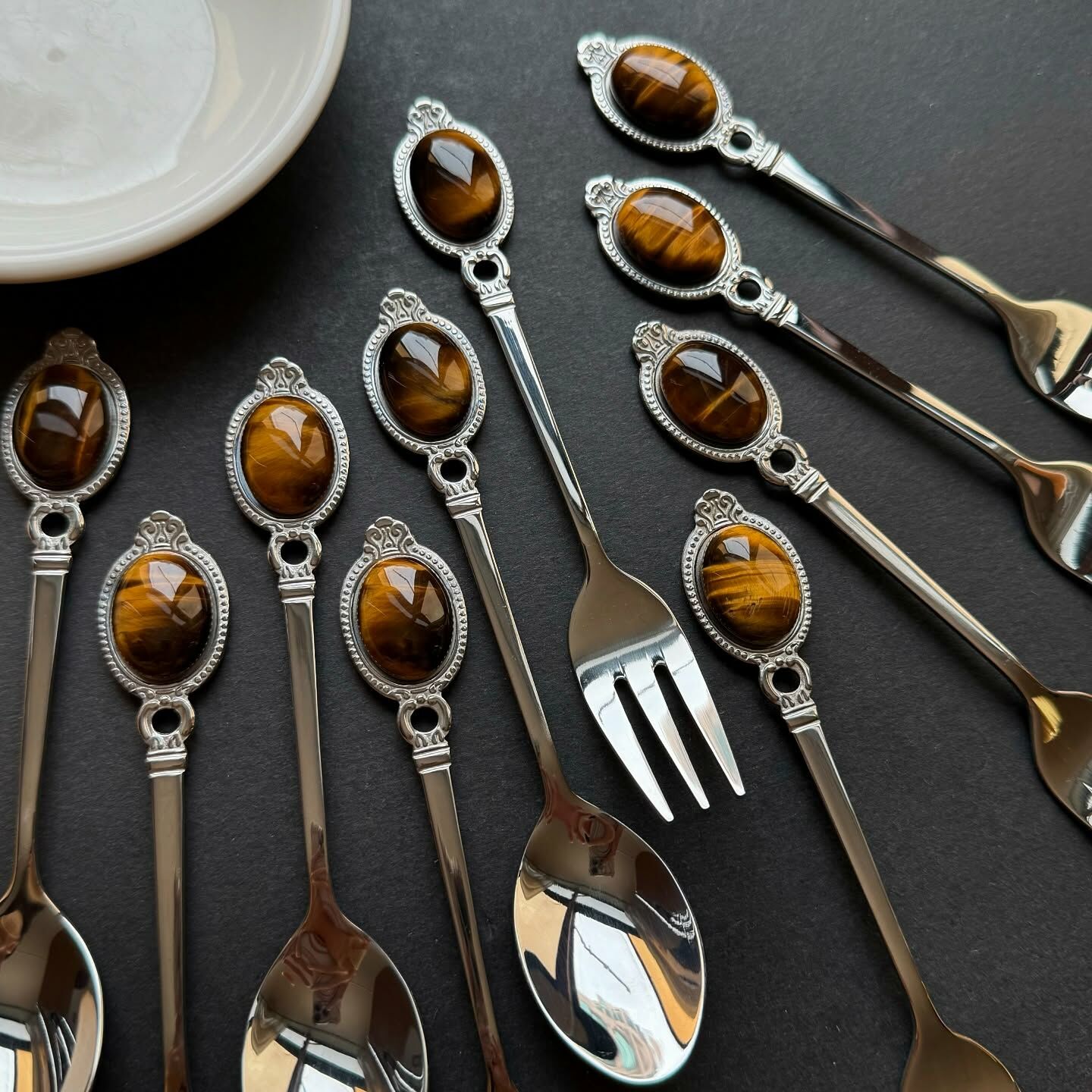 [原石] 虎眼石 不銹鋼餐具 叉子、湯匙