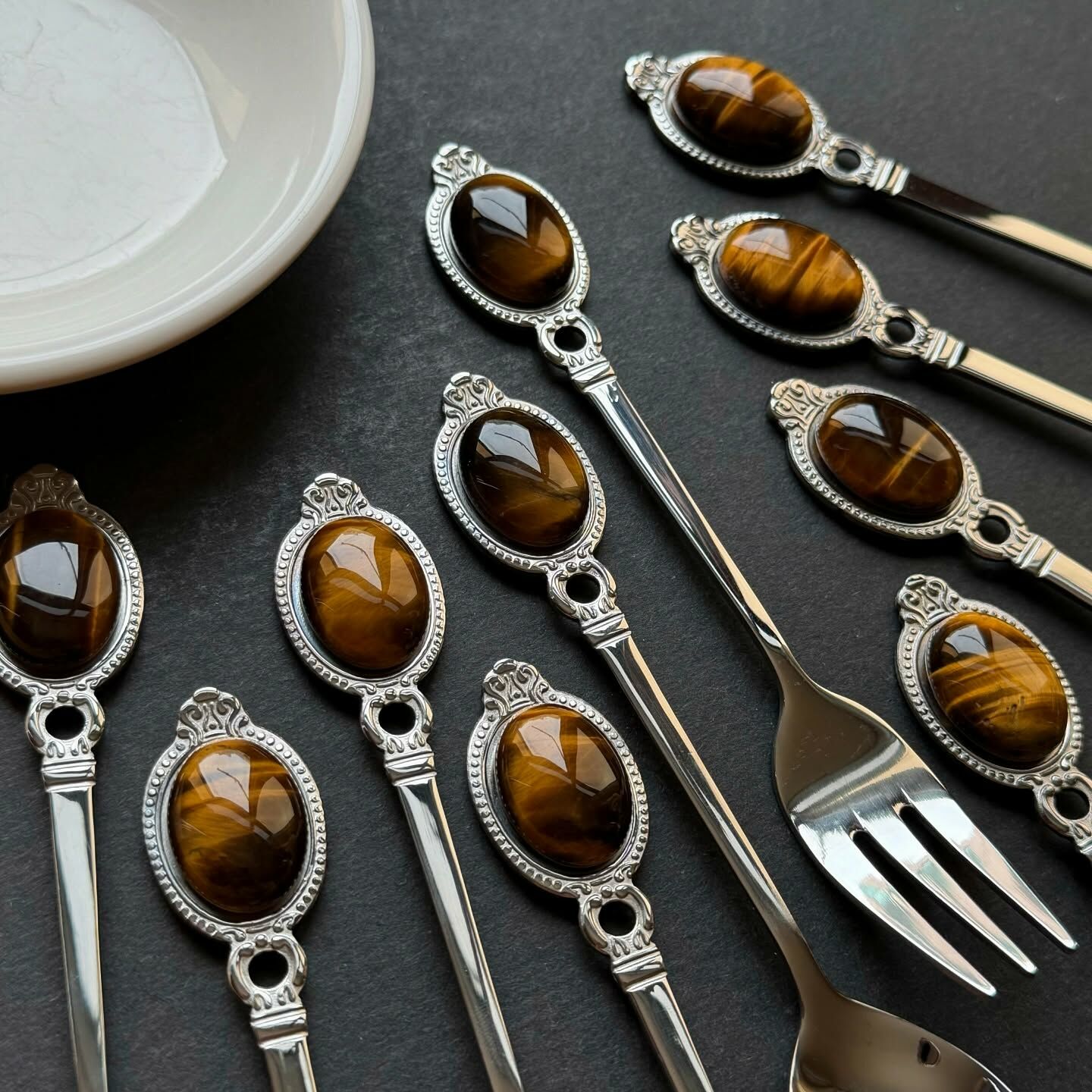 [原石] 虎眼石 不銹鋼餐具 叉子、湯匙