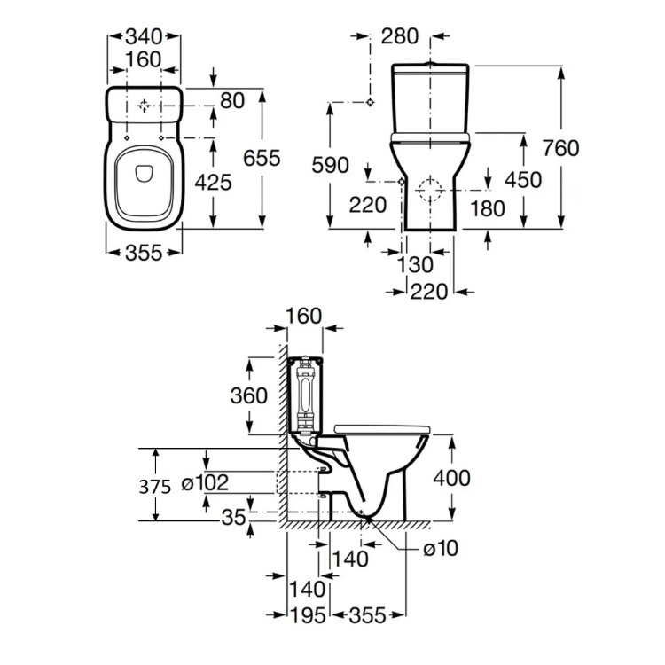 Roca "Debba" 34199100B + 34299700B + 8019D200B Close-Coupled Dual Flush Toilet w/ Slow Closing Seat Cover