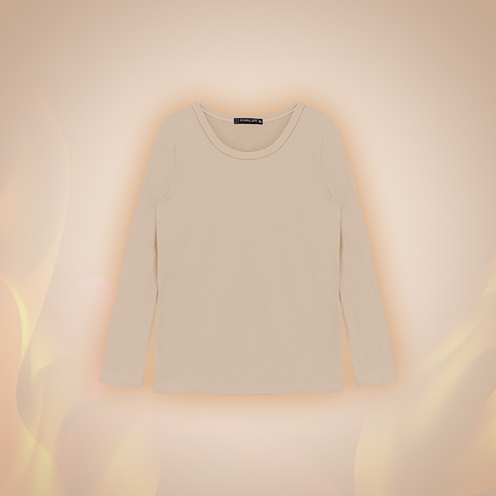 【圓領】小孩款速暖絨保暖衣-奶杏