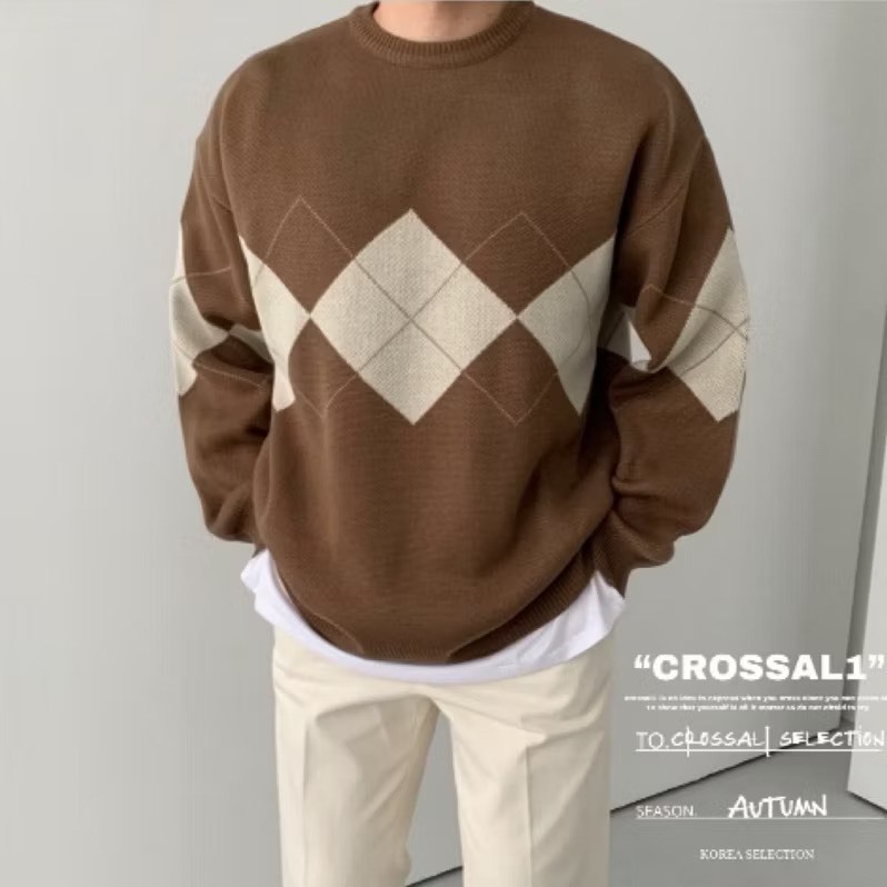 圓領加厚格菱毛衣