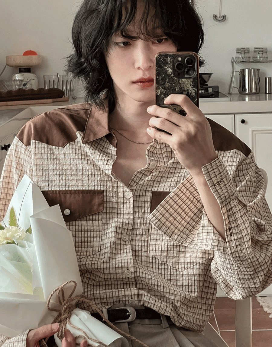 木質配色西部格紋襯衫