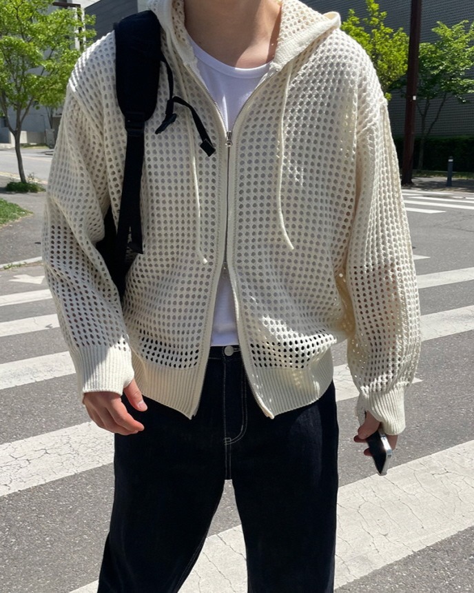 網眼針織連帽雙向拉鍊外套
