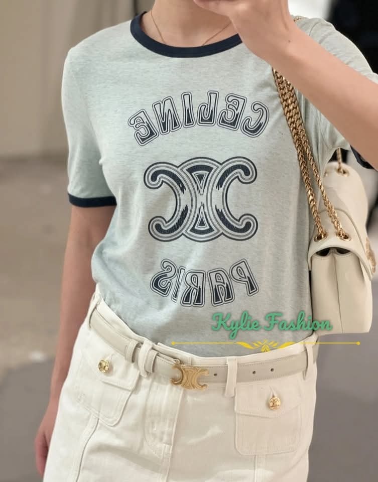 CELINE 粉藍色 凱旋門 併 Logo Tee