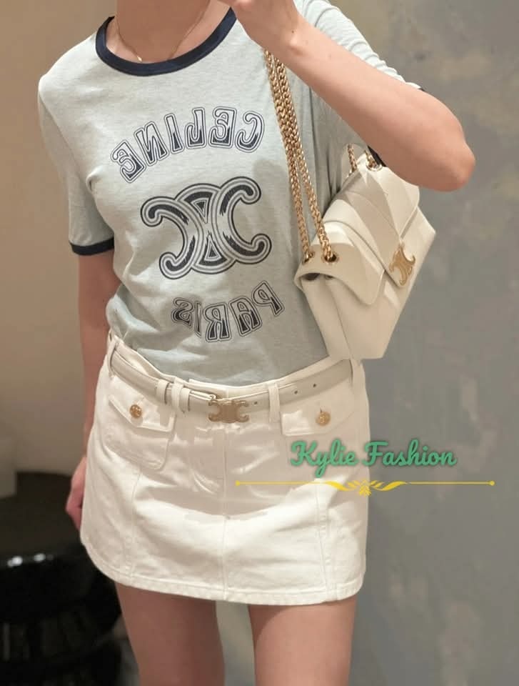 CELINE 粉藍色 凱旋門 併 Logo Tee