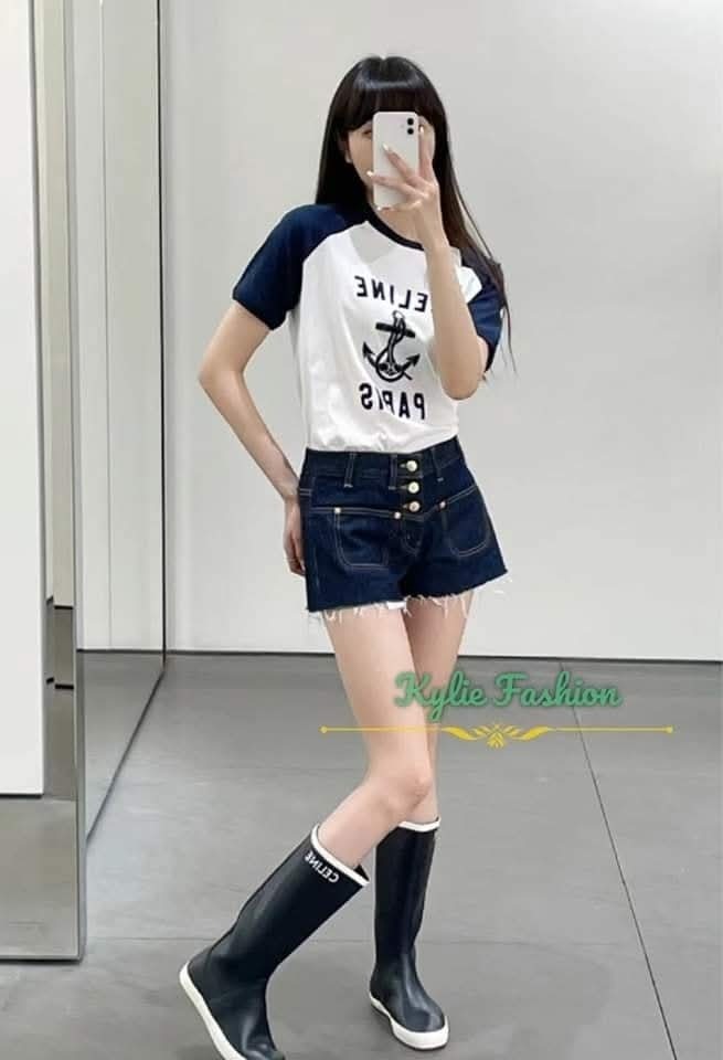 Celine 白色拼藍色 船錨Logo Tee