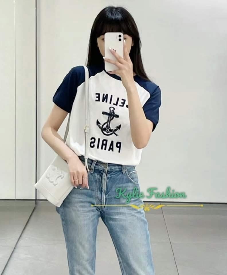 Celine 白色拼藍色 船錨Logo Tee